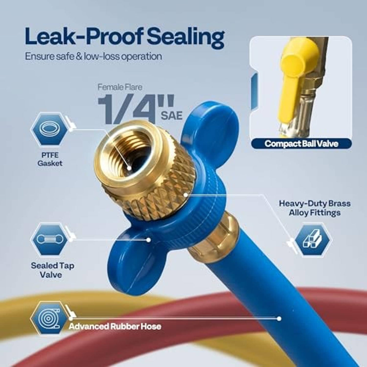 Rubber refrigerant hose with 1/4" SAE flare fittings, compact ball valve and PTFE gasket