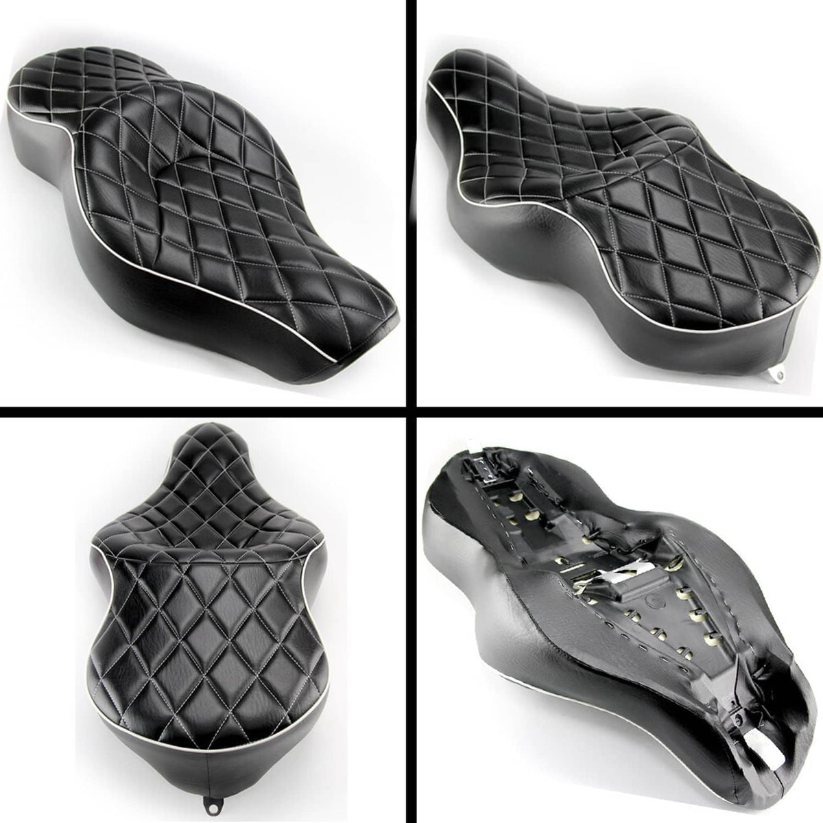 Two-up seat cushion set: black diamond-quilted top with white trim, multiple angles