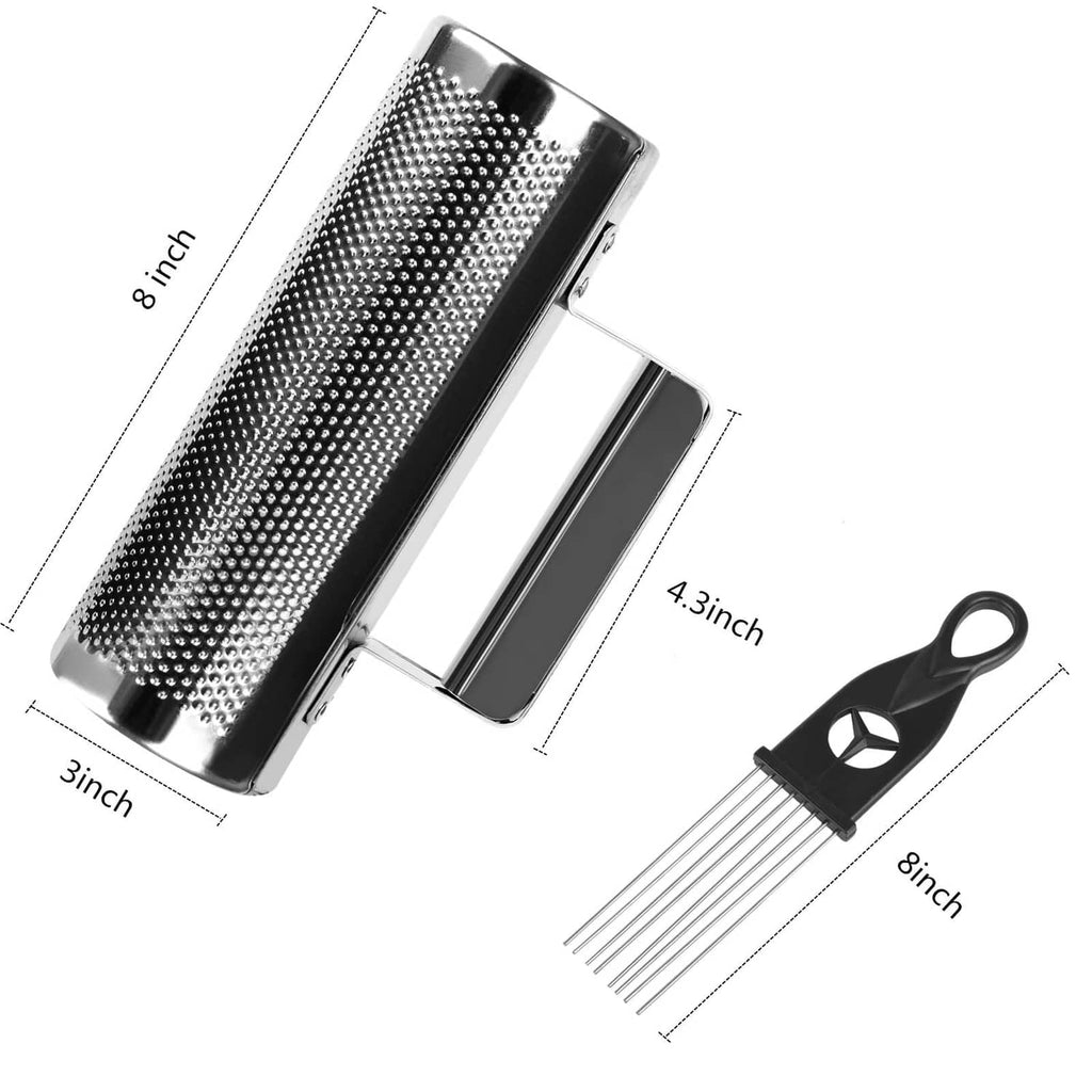 Metal guiro with perforated drum and scraper comb, shown with size indicators