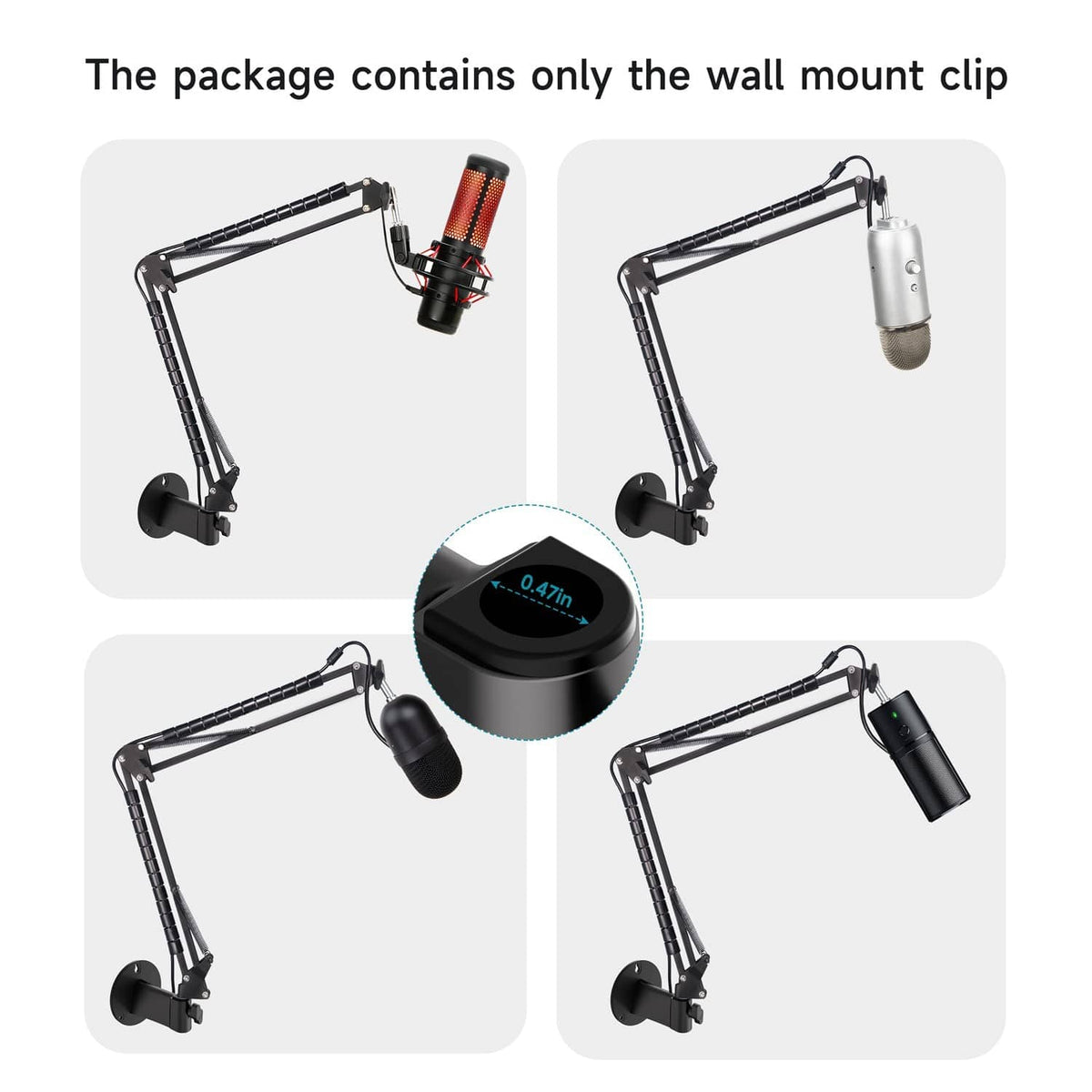 Black wall-mount microphone holder with boom arm shown with different mic finishes