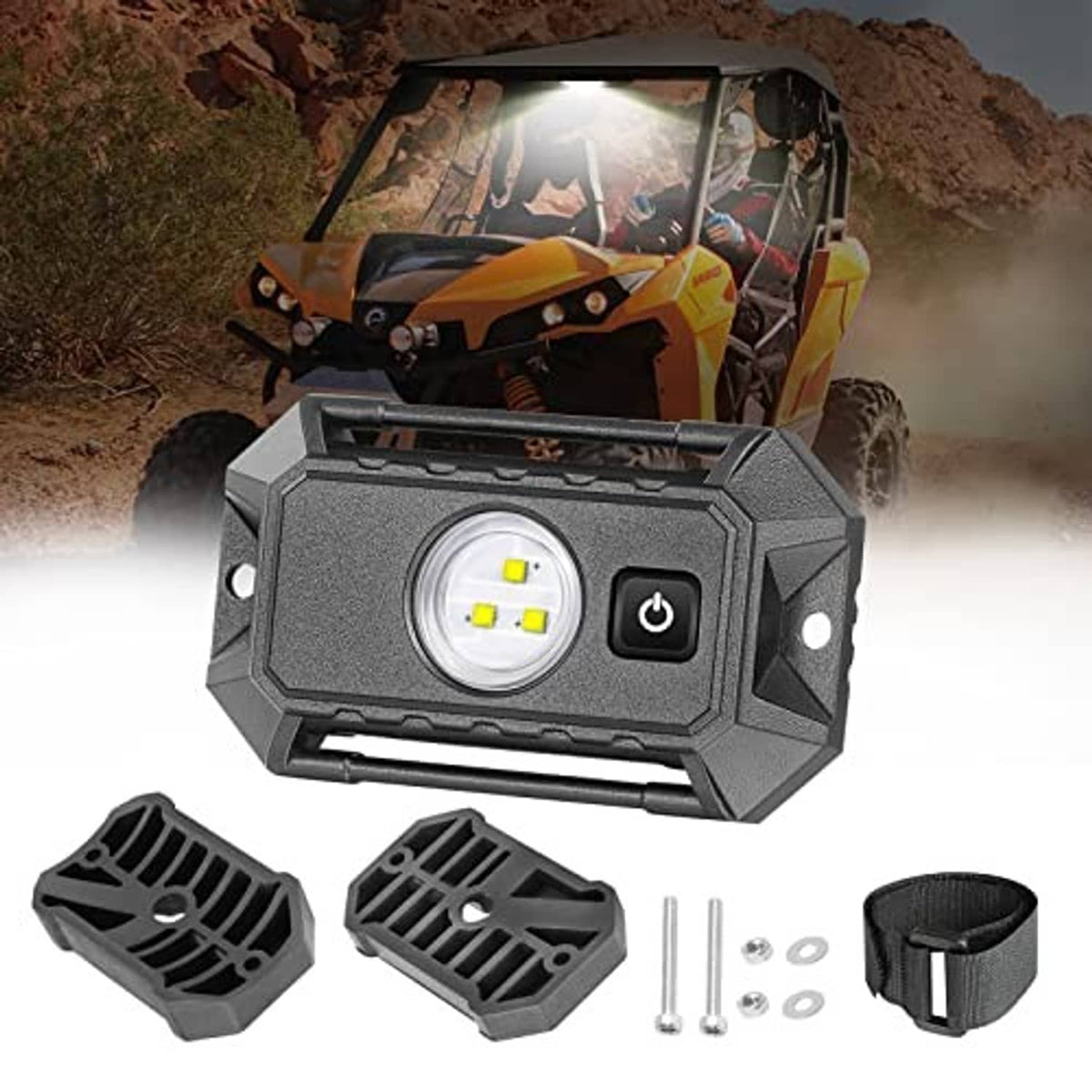 Dark gray LED dome light with white LED chip and on/off switch, plus mounting pieces