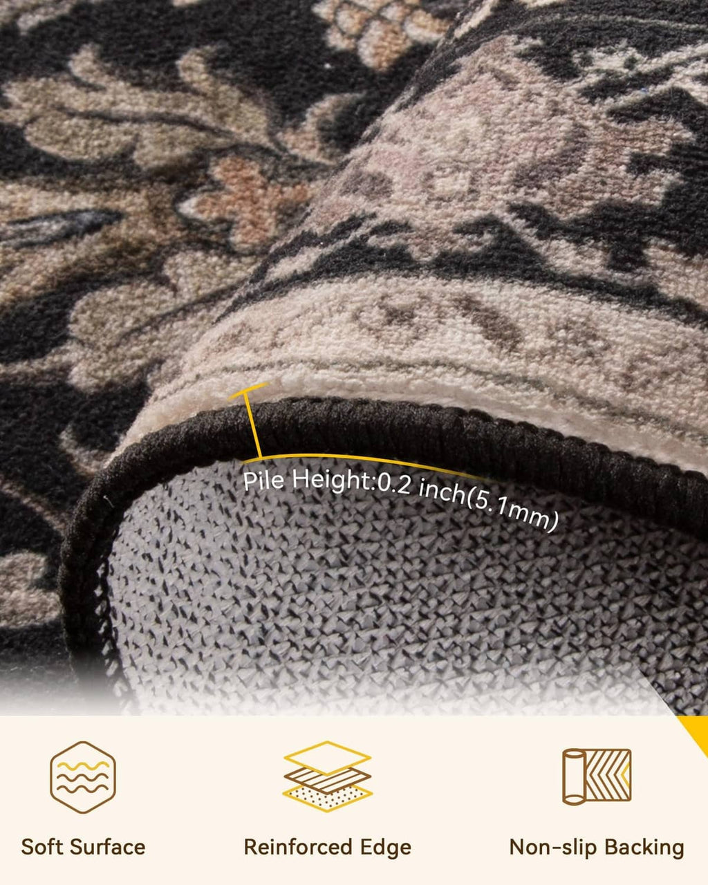 Black and neutral patterned area rug edge close-up with low pile texture