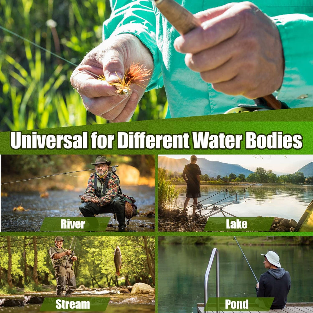 Hand holding a colorful fishing fly lure from a portable lure kit
