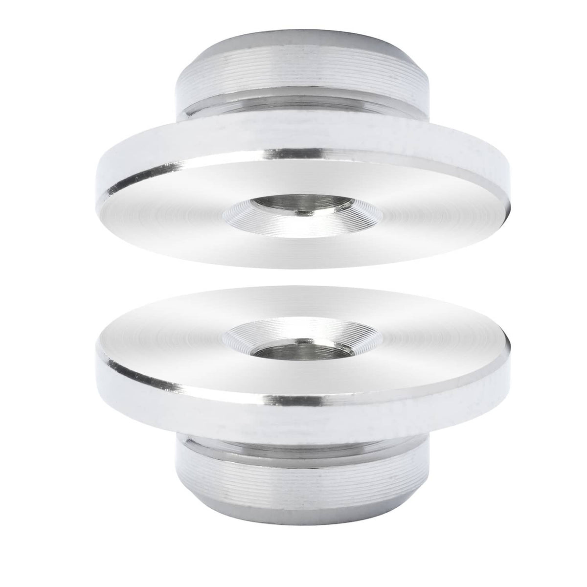 Pair of silver wheel protector sleeves with flanged rim and center mounting hole