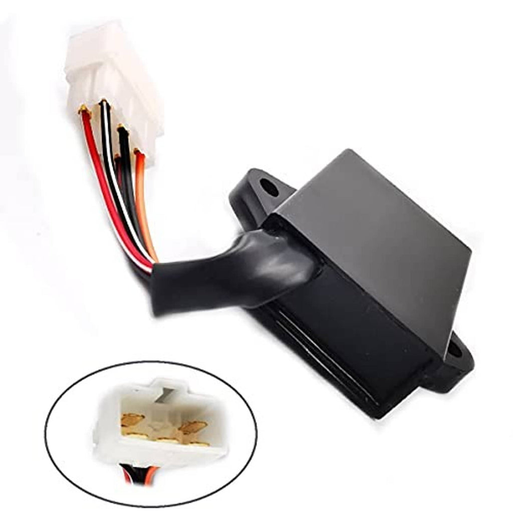 Ignition CDI box shown from side with wiring leads and mounting bracket