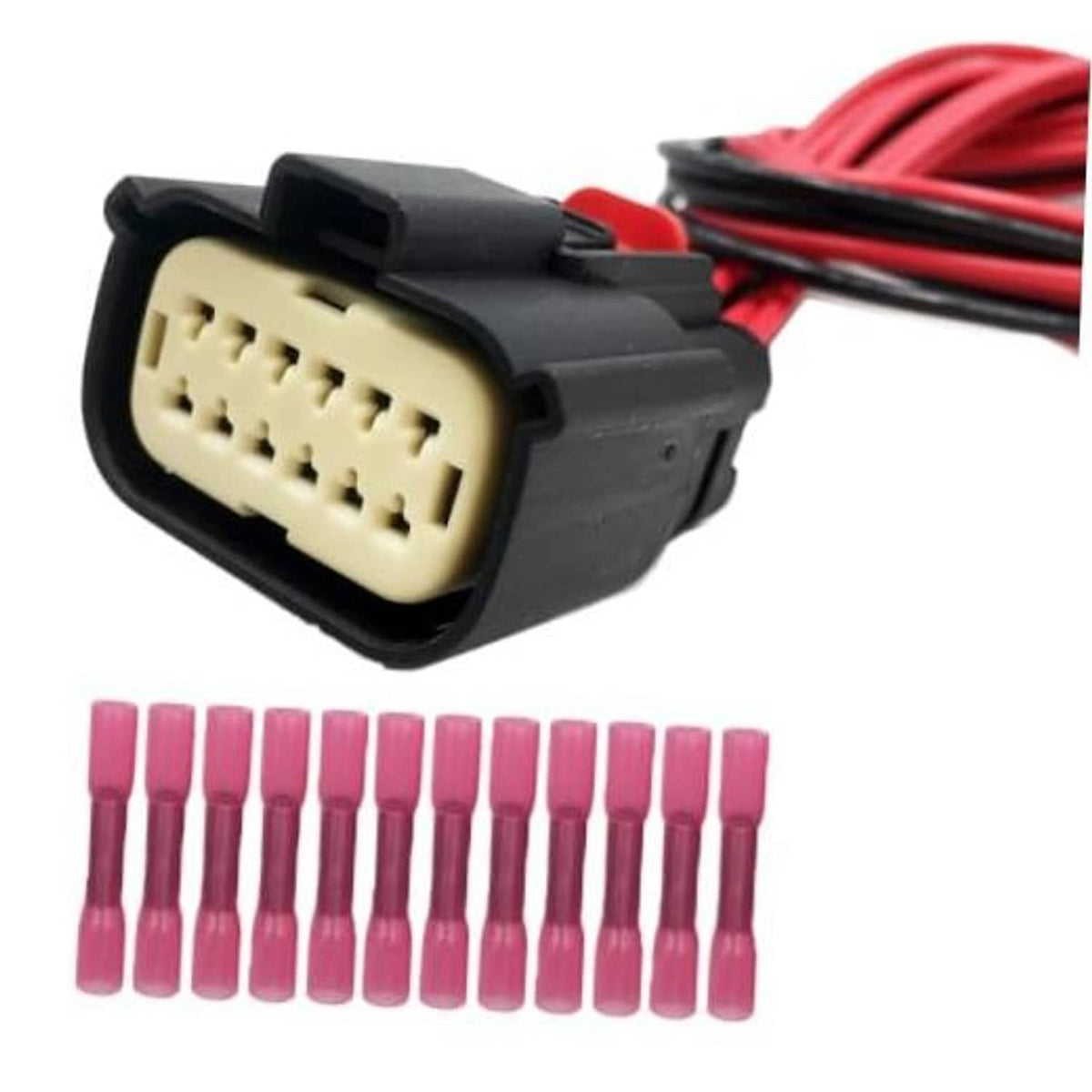 Headlight connector harness plug with red wire leads and beige 12-pin socket