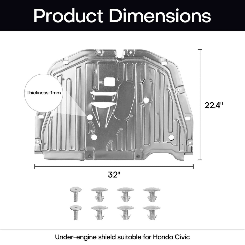 Silver under-engine splash guard shield plate with size diagram and bolt hardware