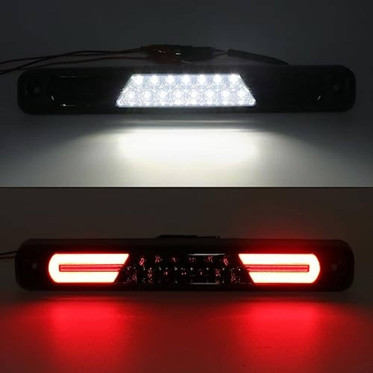 Smoked-lens LED light bar with bright white LEDs above and red brake LEDs below
