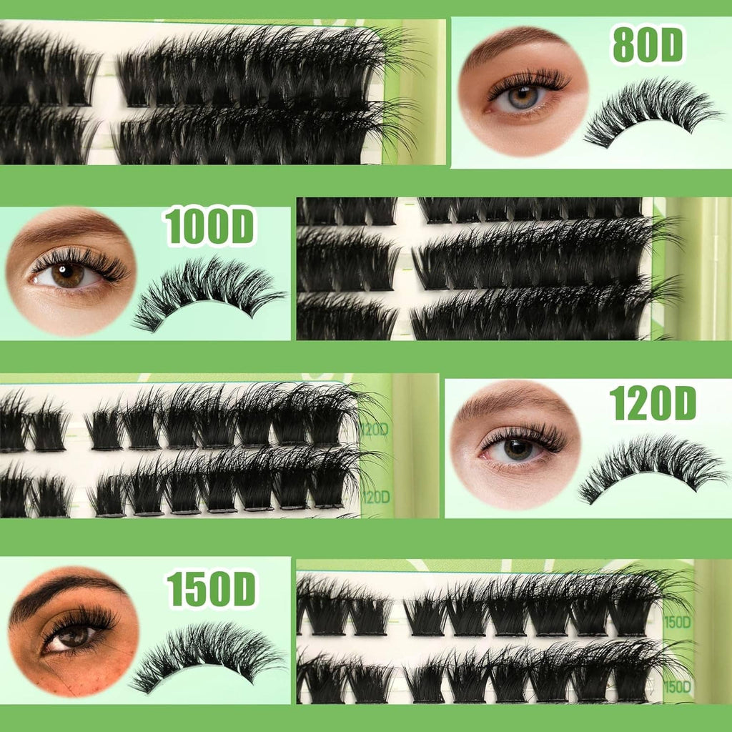 Black wispy lash cluster strips and applied lash looks for 80D, 100D, 120D, 150D
