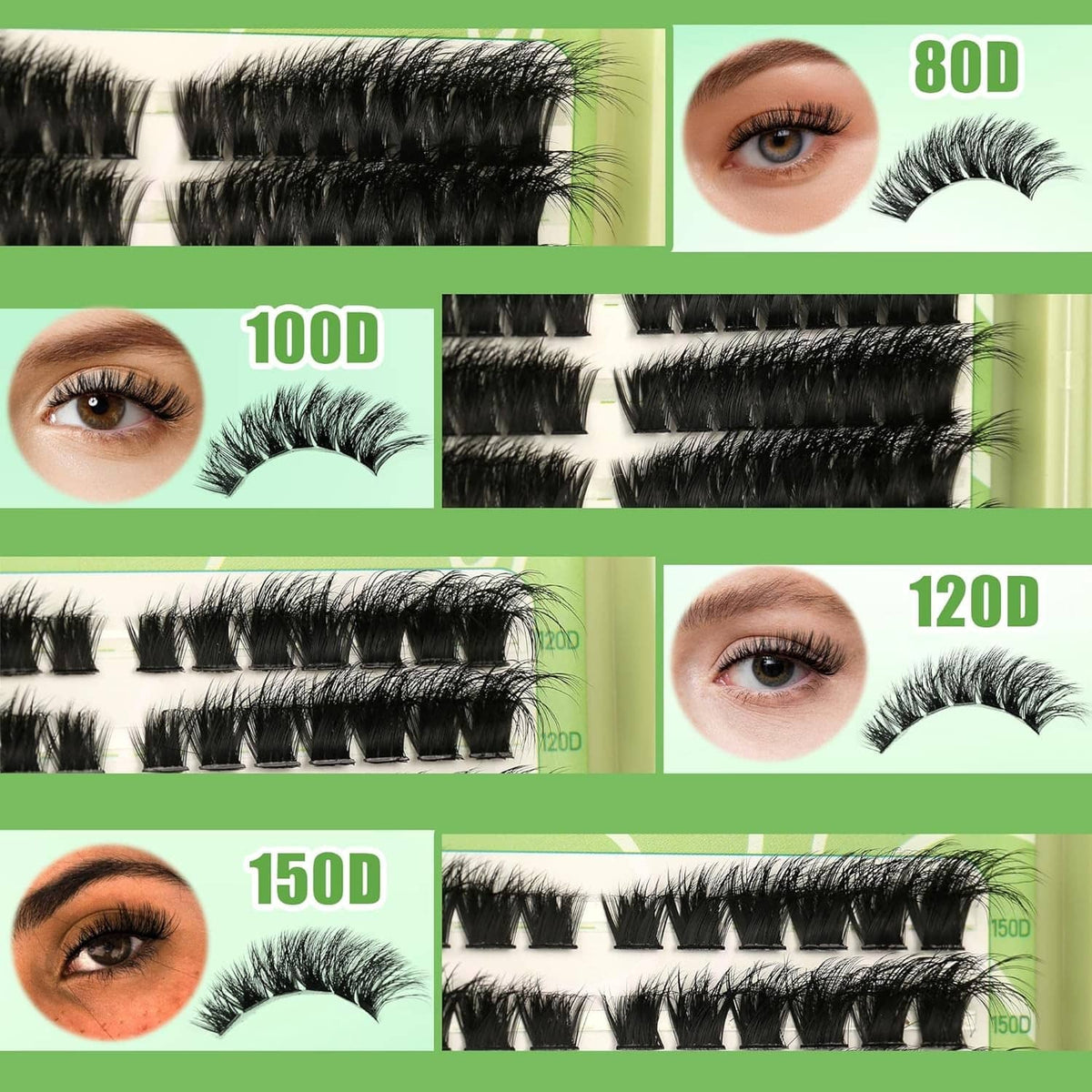 Black wispy lash cluster strips and applied lash looks for 80D, 100D, 120D, 150D