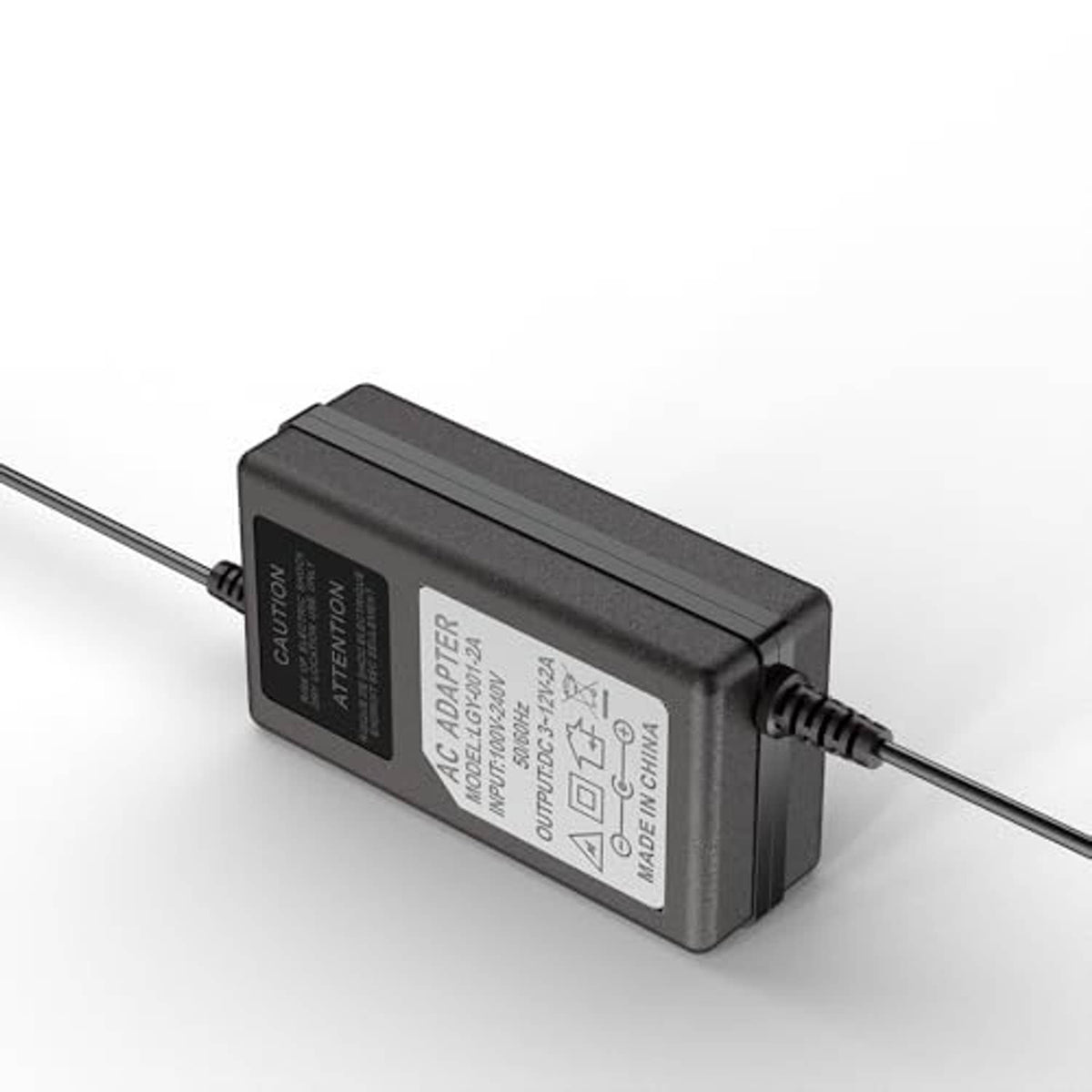 Black power adapter for PWM fan hub with output/input label and two-wire cable