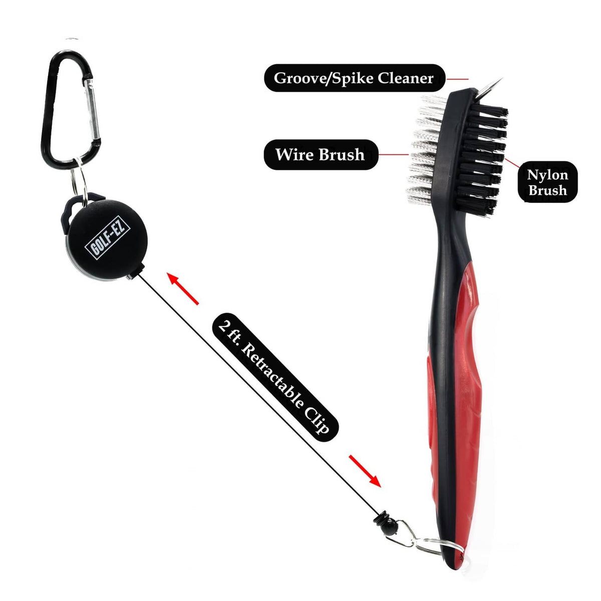 Golf groove/spike cleaner set with wire brush, nylon brush, and retractable clip