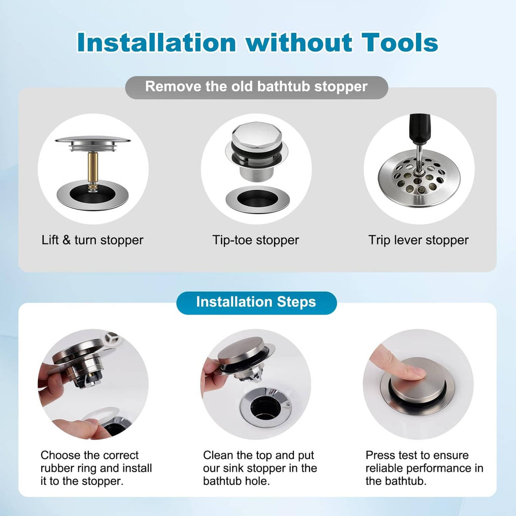 Tool-free bathtub drain stopper with black top and pop-up trip lever style