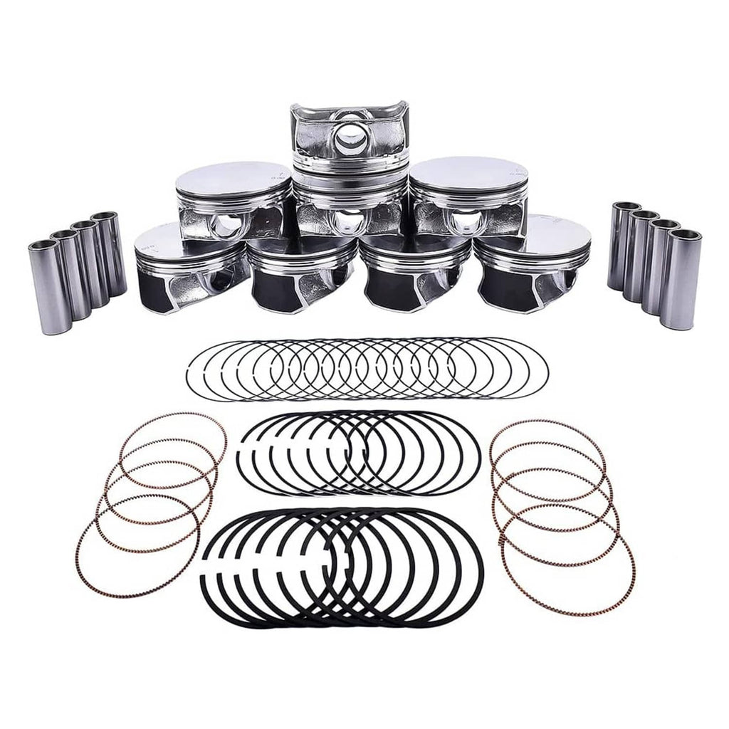Engine rebuild kit pistons with rings and pin hardware, polished metal