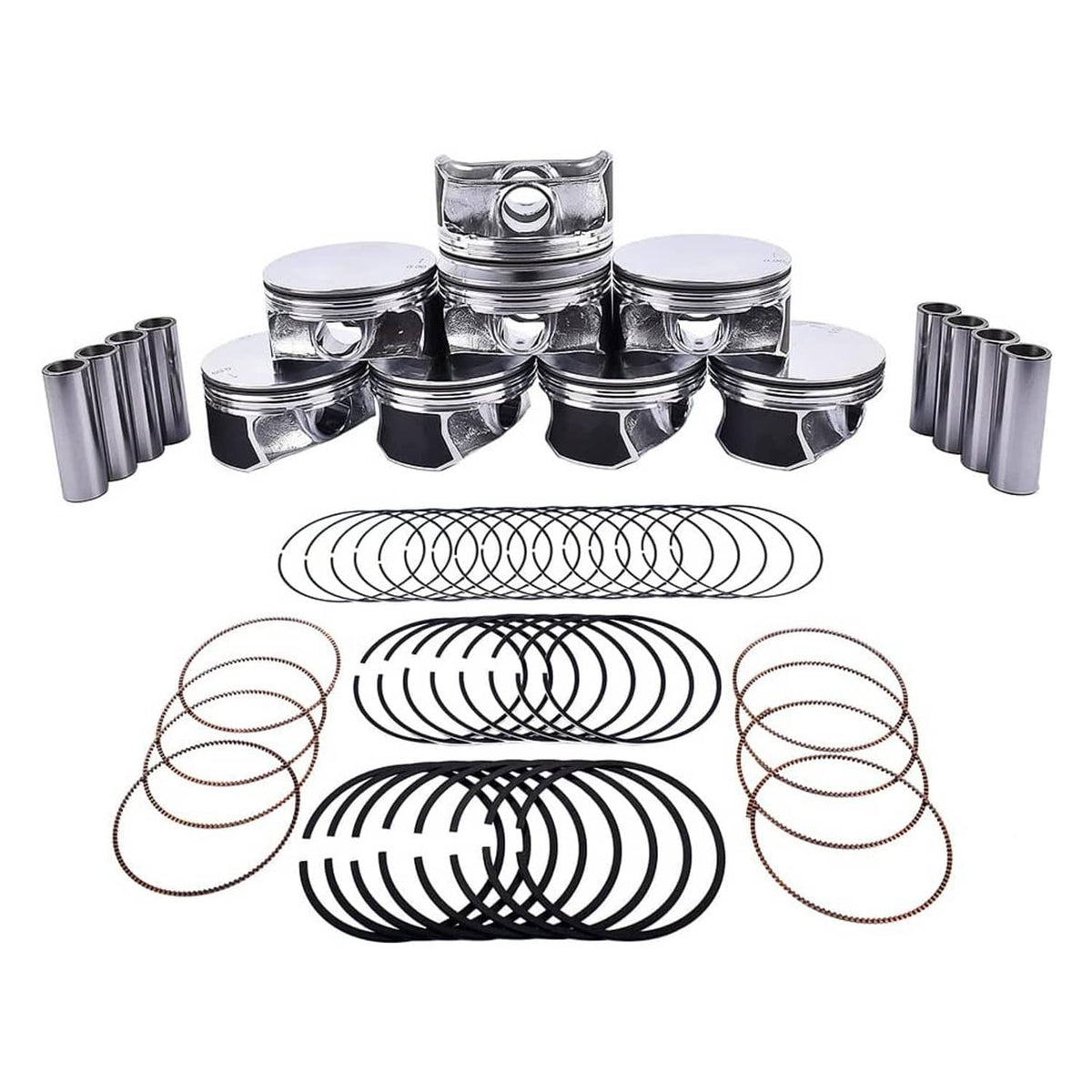 Engine rebuild kit pistons with rings and pin hardware, polished metal