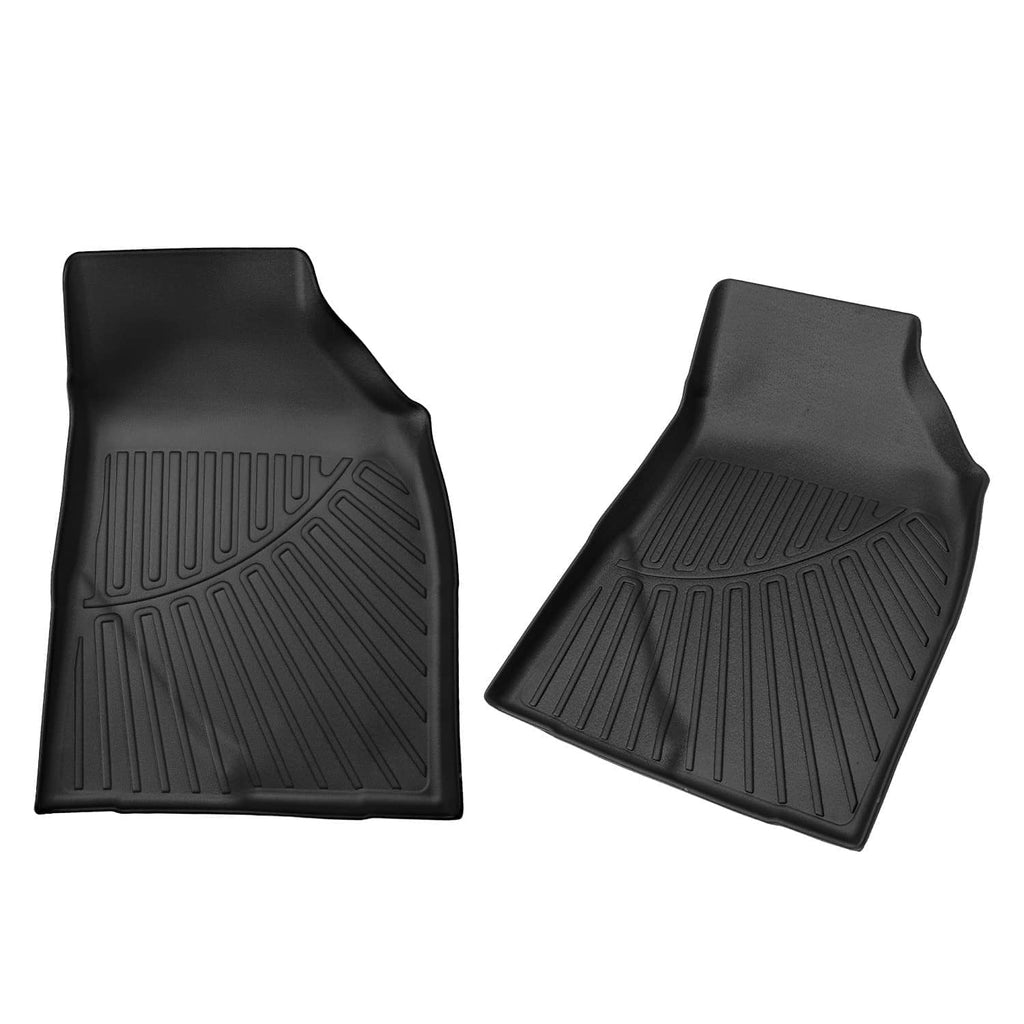 Pair of black TPE front floor mats with raised ridges and anchor holes