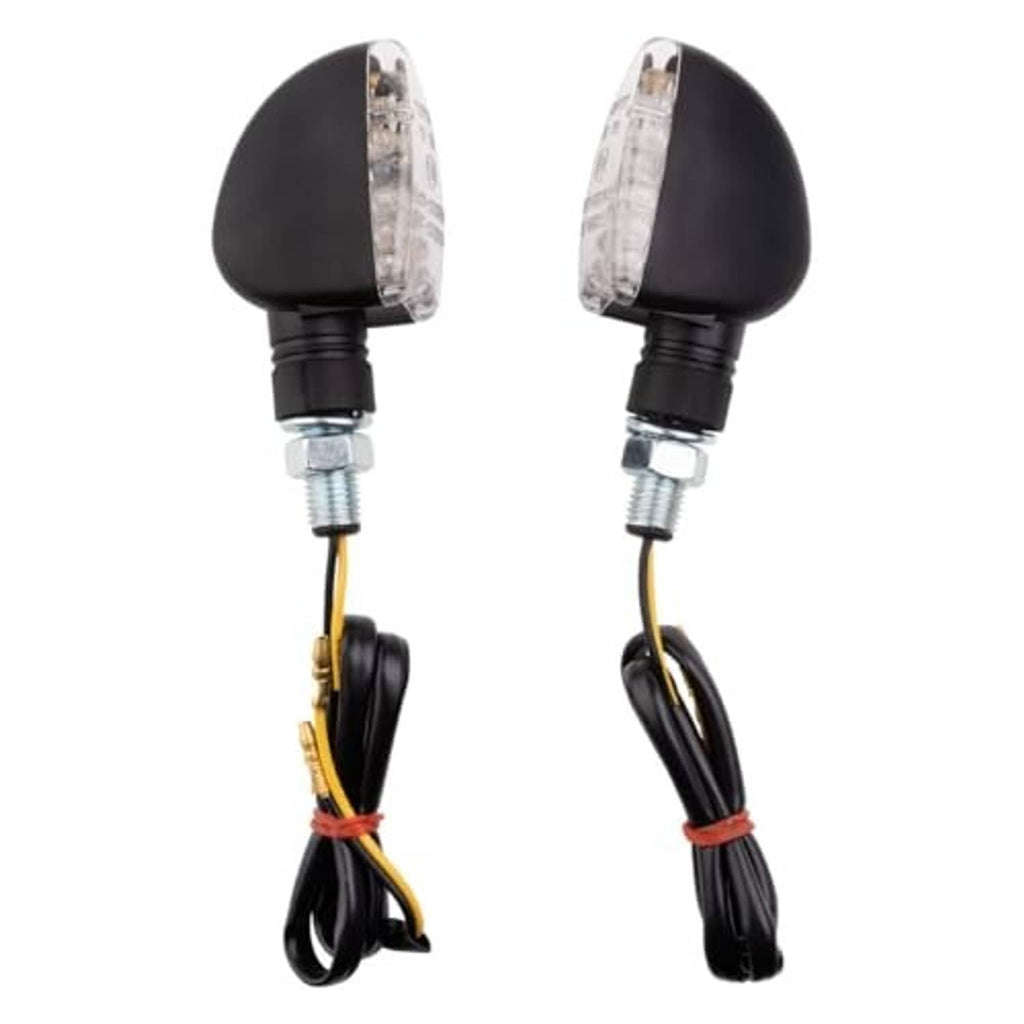 Mini LED turn signals with black bulb housings, clear lenses, and stalk mounting bolts