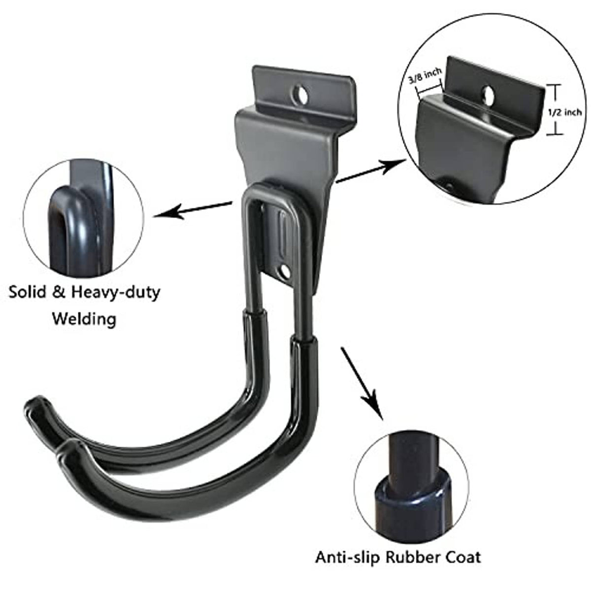 Black slatwall hook with anti-slip rubber coating and solid heavy-duty build