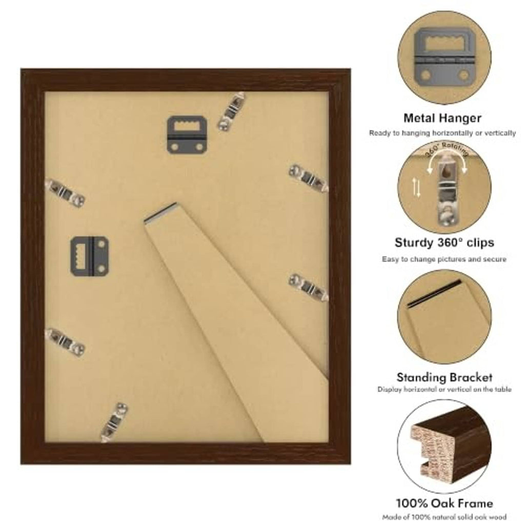 Walnut wood 8x10 frame back with metal hangers and standing bracket hardware
