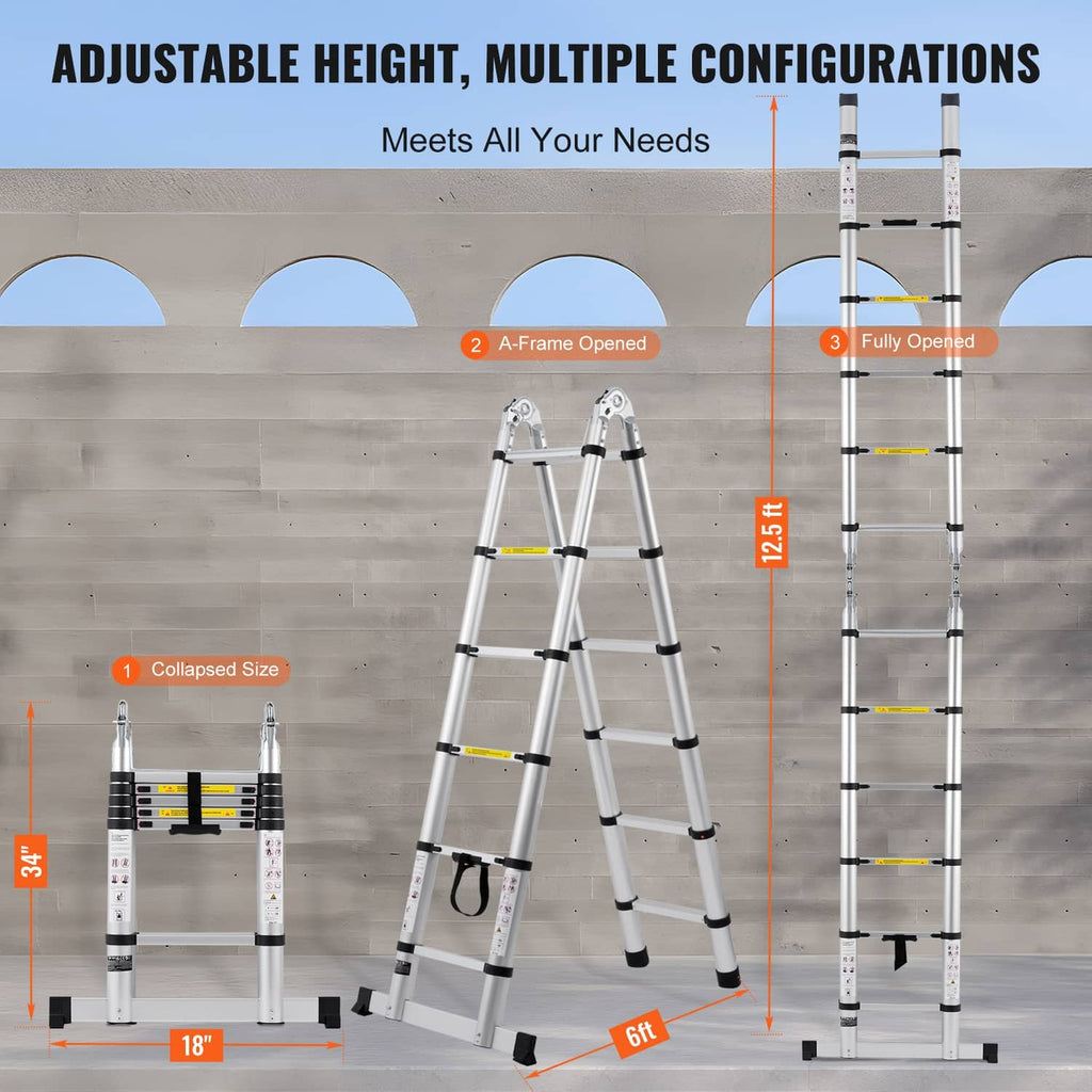 A-frame aluminum telescopic ladder with multiple height settings and stabilizer bars