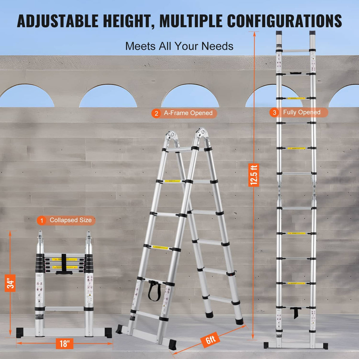A-frame aluminum telescopic ladder with multiple height settings and stabilizer bars