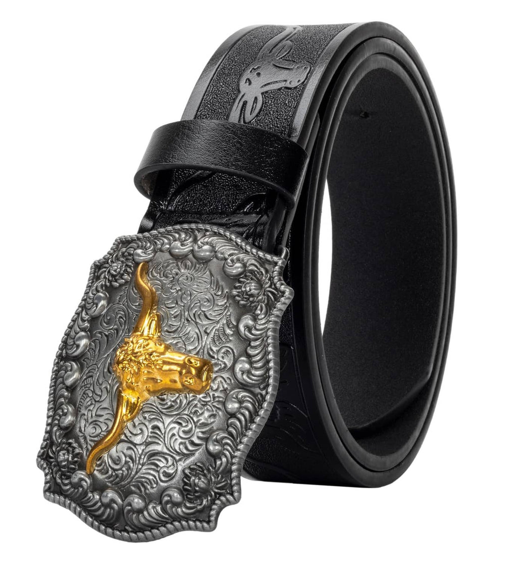 Western cowboy leather belt with black strap and silver engraved buckle with gold bull head