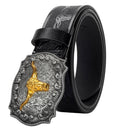 Western cowboy leather belt with black strap and silver engraved buckle with gold bull head