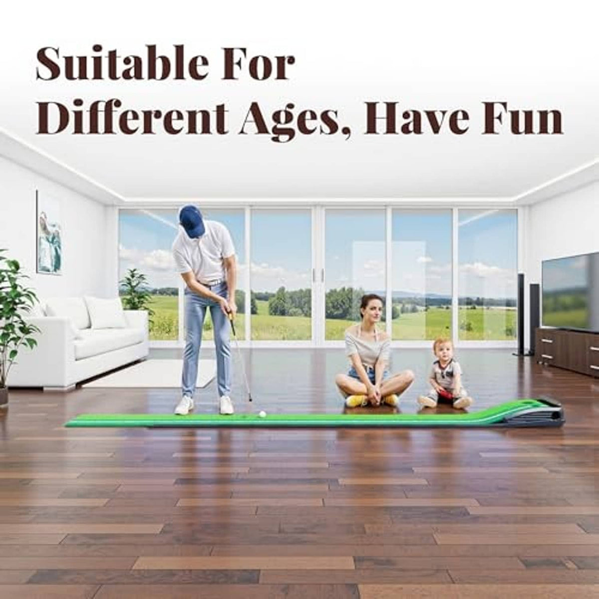 Indoor golf putting mat with green artificial turf, white guide line, and black side rails