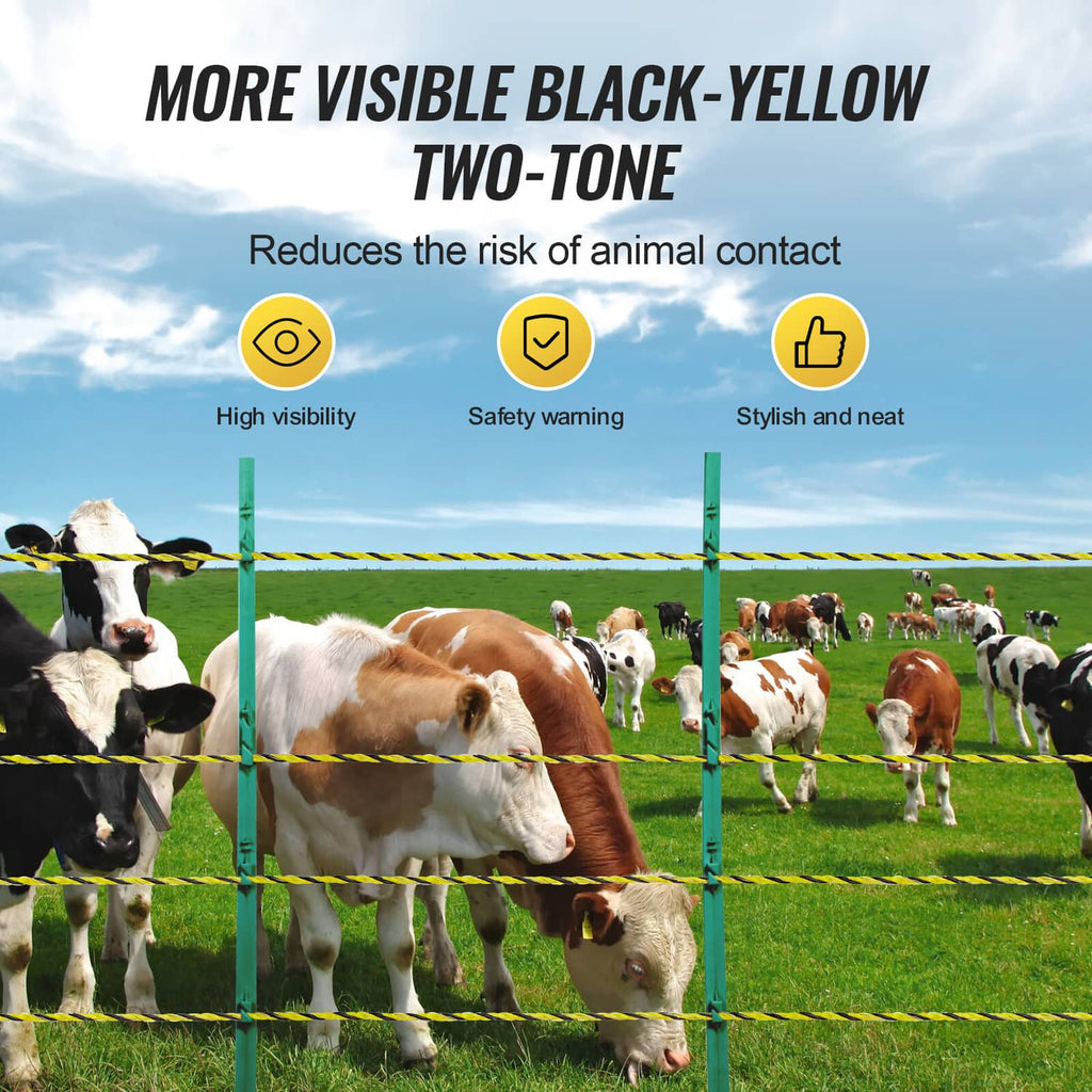 Black-yellow two-tone electric fence wire with green posts around grazing cattle