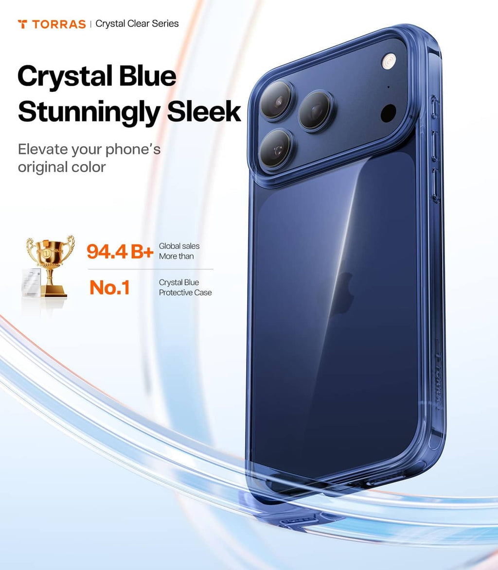 Crystal Blue iPhone 17 Pro Max case with camera cutouts and glossy clear sides