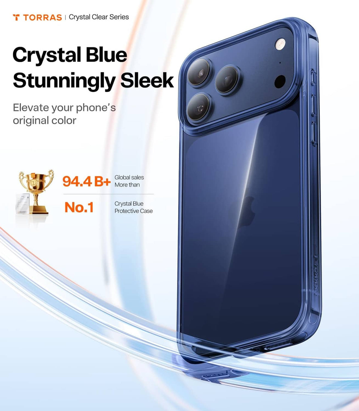 Crystal Blue iPhone 17 Pro Max case with camera cutouts and glossy clear sides