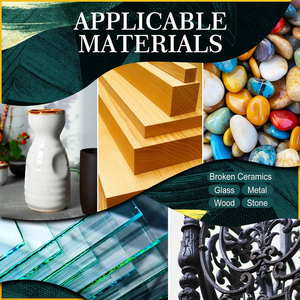 Kintsugi repair kit compatible materials graphic for ceramics, glass, metal, wood, stone