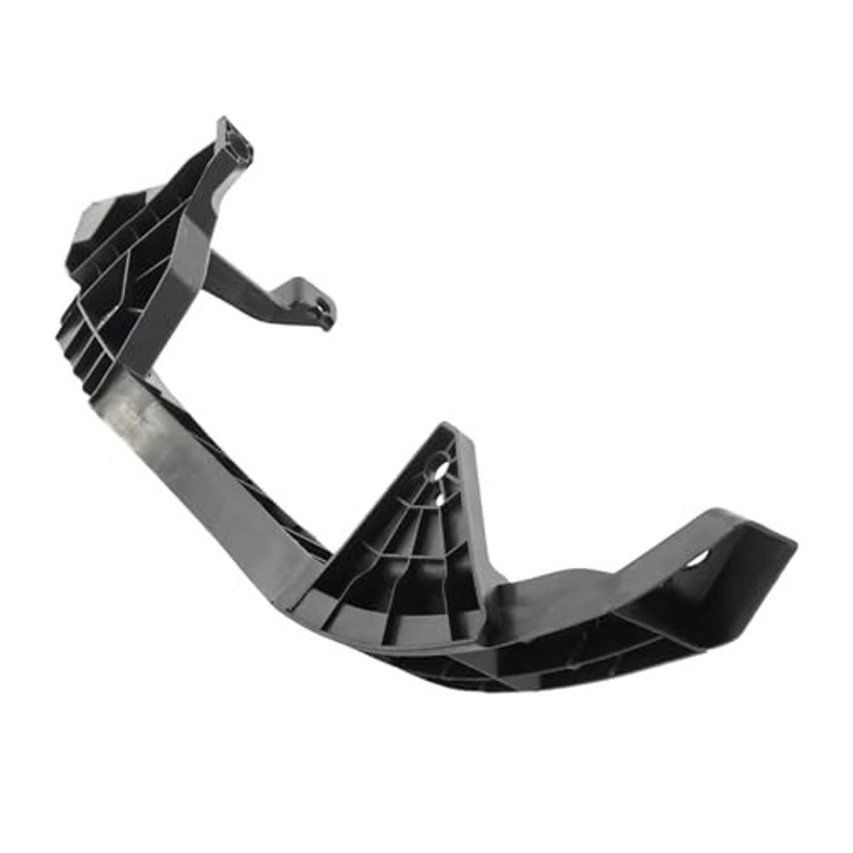 Curved black headlight bumper support bracket with textured channels and metal mounting points