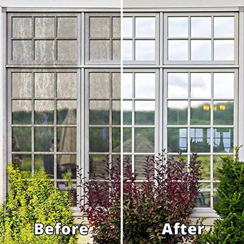 Cleaned window comparison with lush shrubs and trees