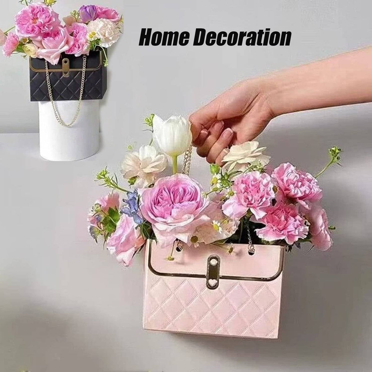 Pink quilted paper bouquet bag with gold chain handles and heart keyhole front clasp