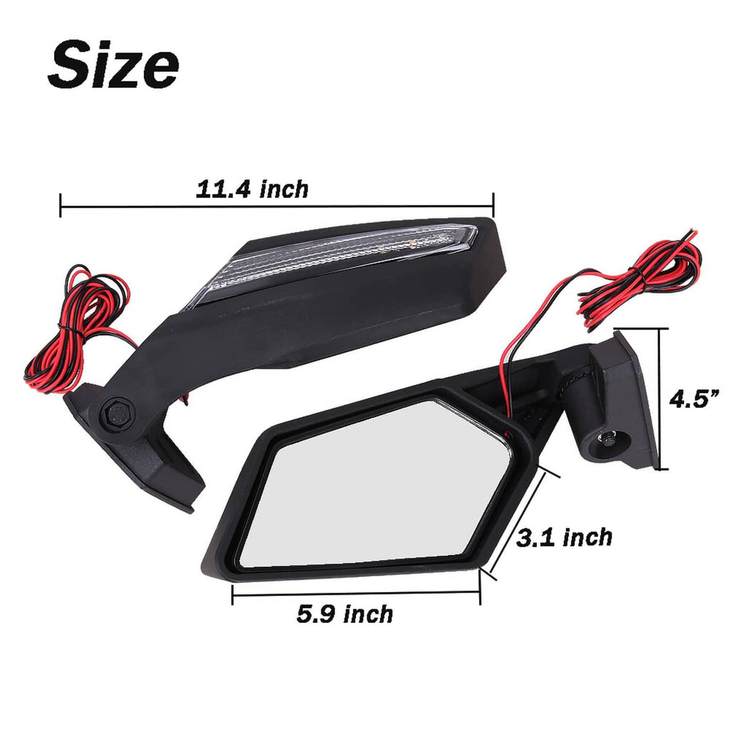 Black foldable UTV rearview mirror with amber LED strip, size view and red wiring