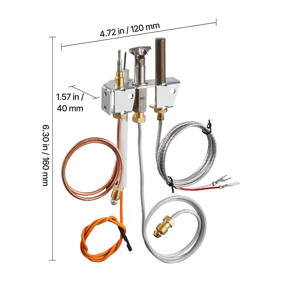 Natural gas pilot assembly with copper tube loop, braided wire loop, and orange wire lead