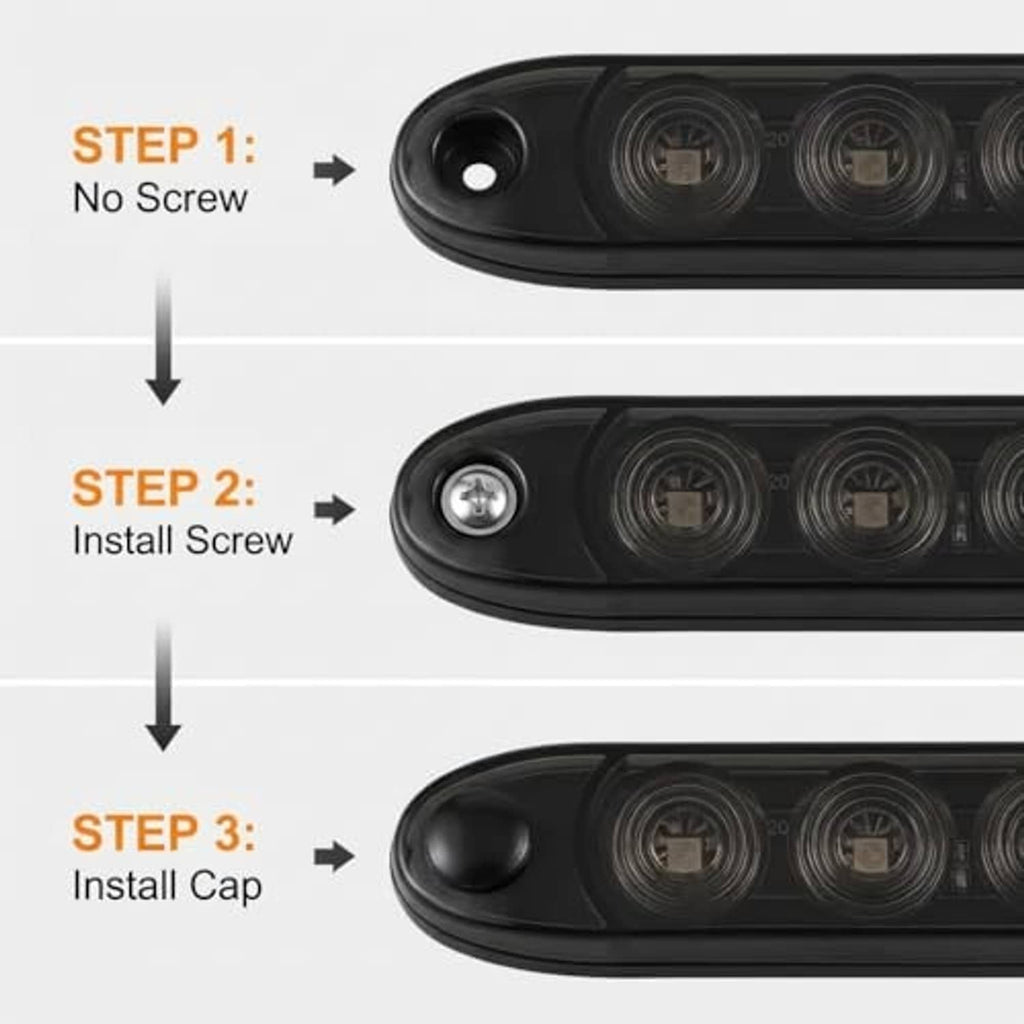 Black LED tail light bar close-up showing screw and cap installation locations