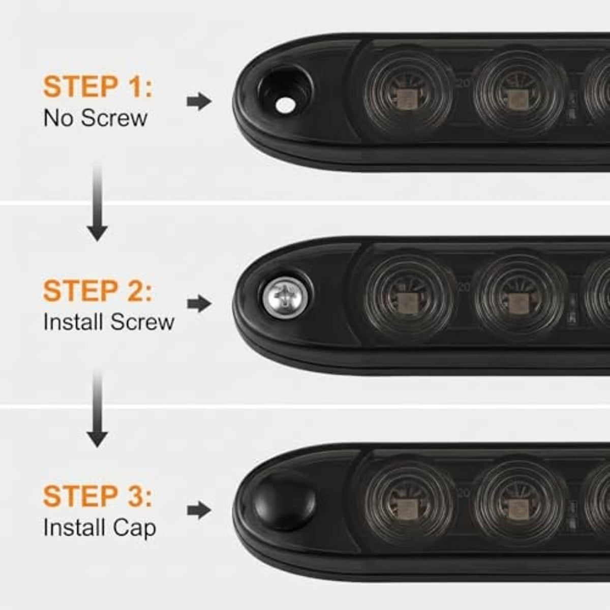 Black LED tail light bar close-up showing screw and cap installation locations