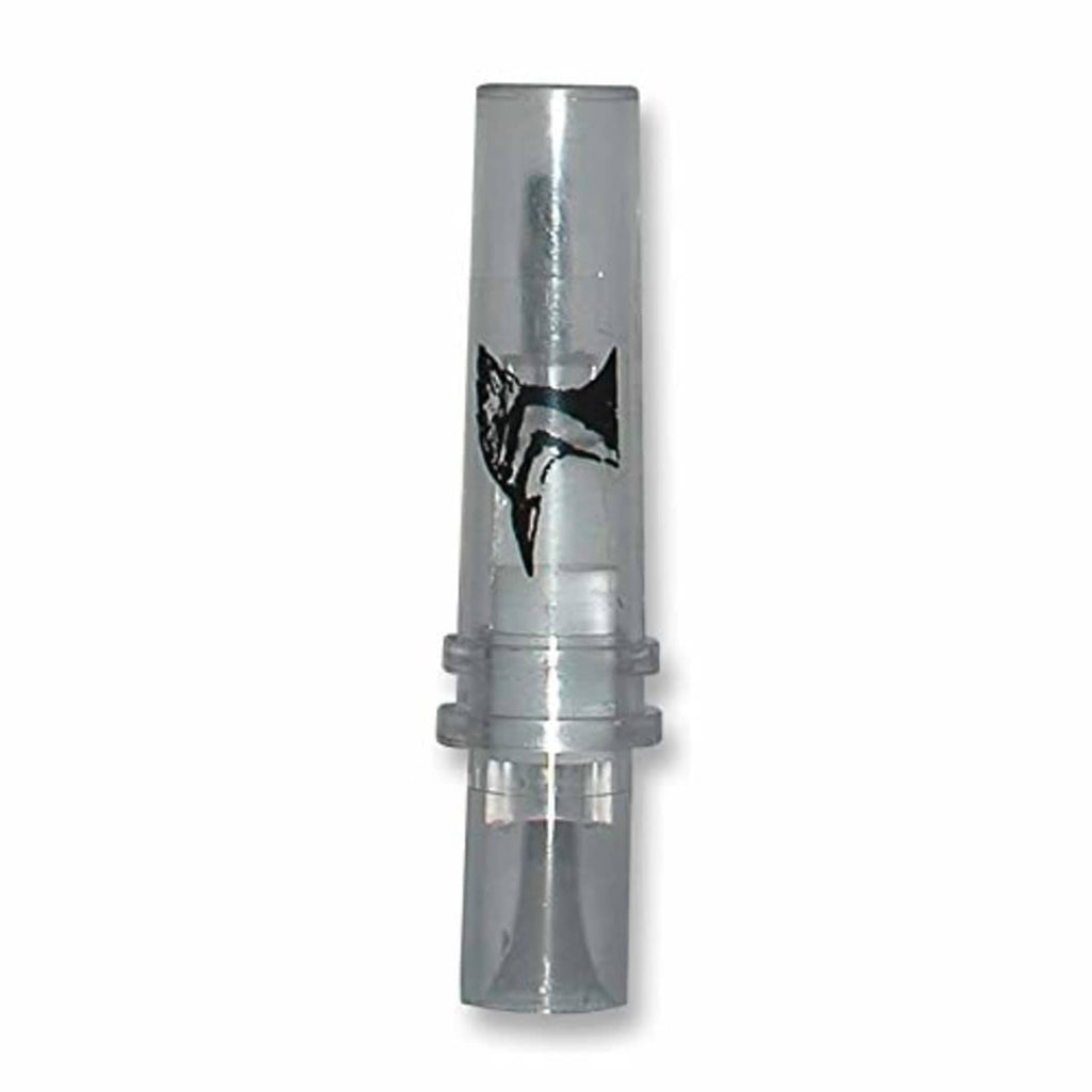 Gray cylindrical game call tube with spring clip and mouth opening