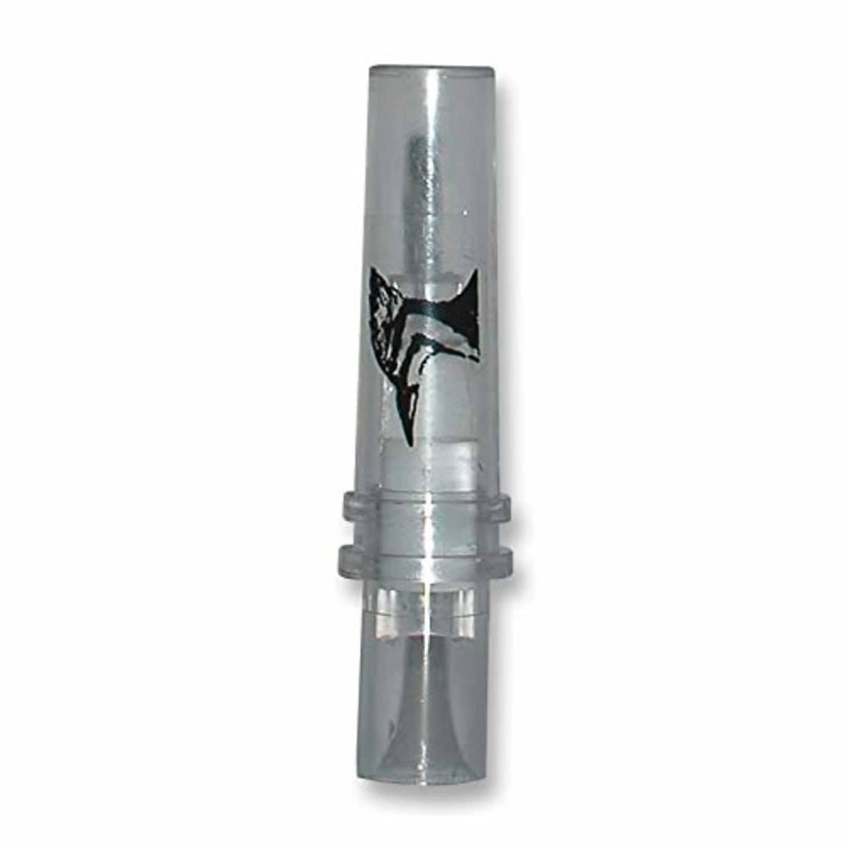 Gray cylindrical game call tube with spring clip and mouth opening