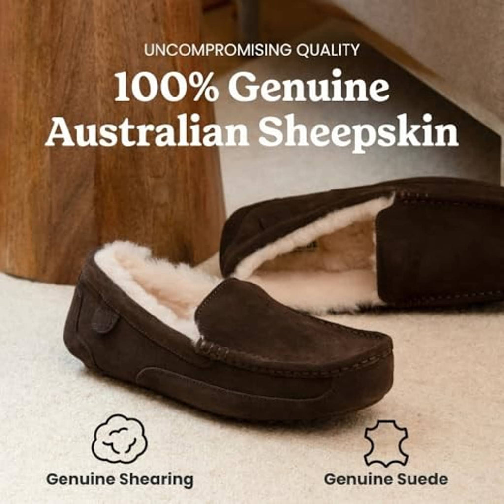 Coffee brown suede moccasin slipper with white shearling lining and stitched vamp