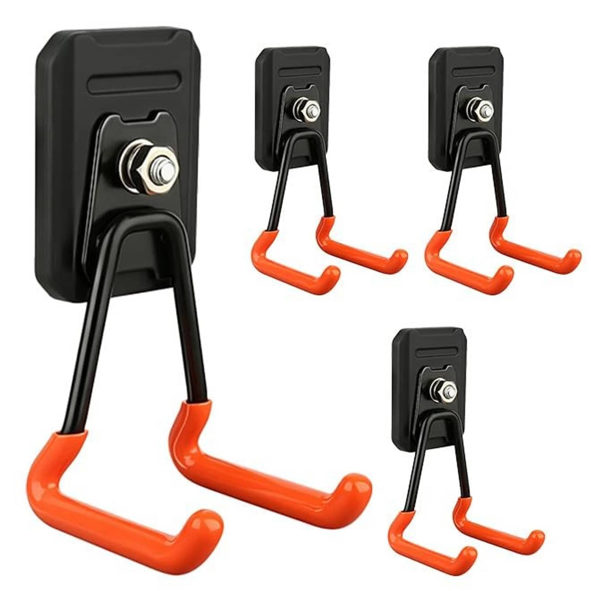 Set of 4 magnetic garage hooks with black mounts and orange rubber-coated U hooks