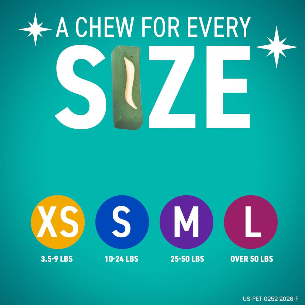 Green chew stick sizes XS, S, M, and L with a beige center