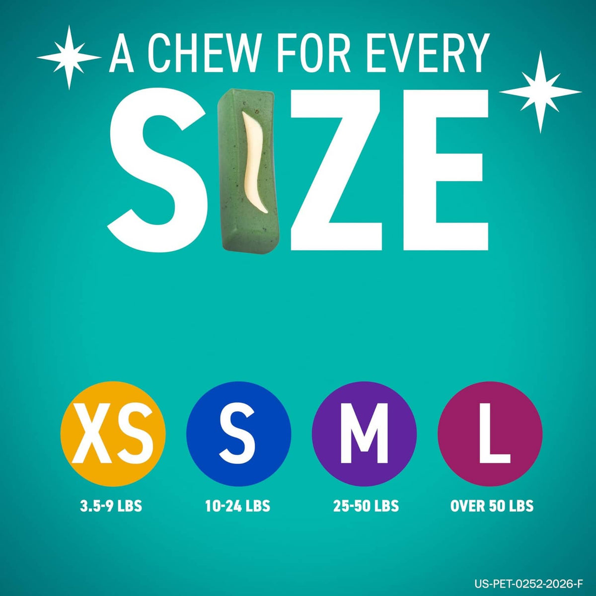 Green chew stick sizes XS, S, M, and L with a beige center