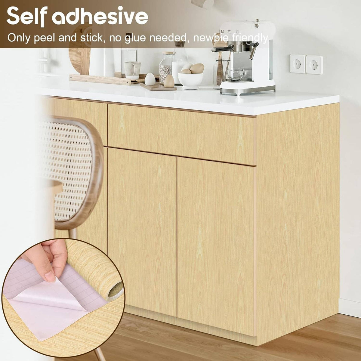 Peel-and-stick light wood grain contact paper applied to cabinet fronts
