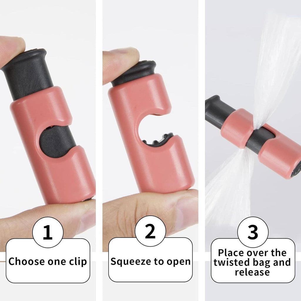 Three-step demo with hands pressing pastel squeeze-lock bag clips onto a twisted bag