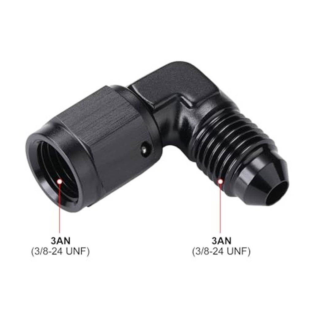 Black 90-degree AN swivel fitting showing 3AN (3/8-24 UNF) ports on both ends