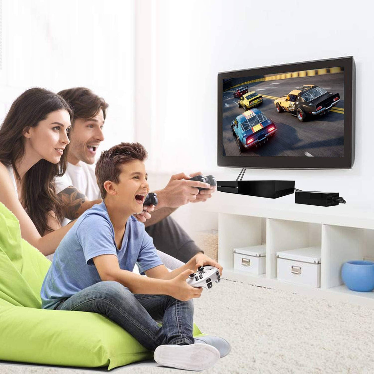 Black power supply brick with power cable near home TV gaming setup