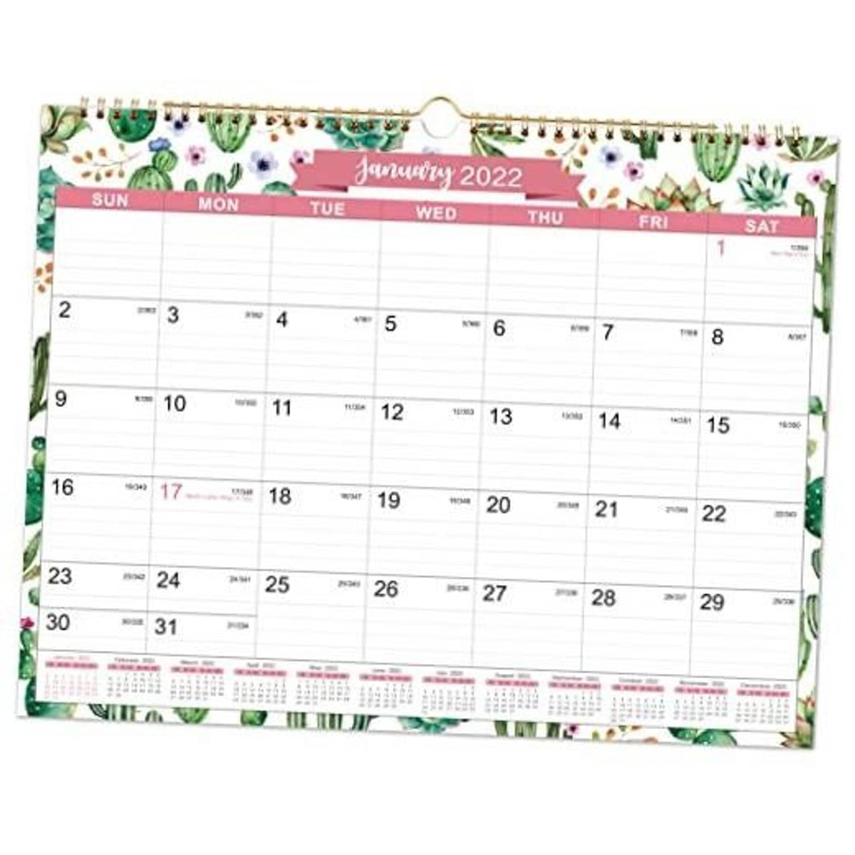 Wall calendar with January 2022 layout, cactus floral border and gold spiral binding